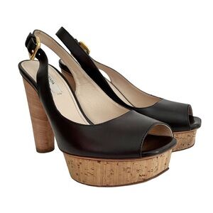 Prada Leather Platform Sling Back Heel Sandals 36 Black